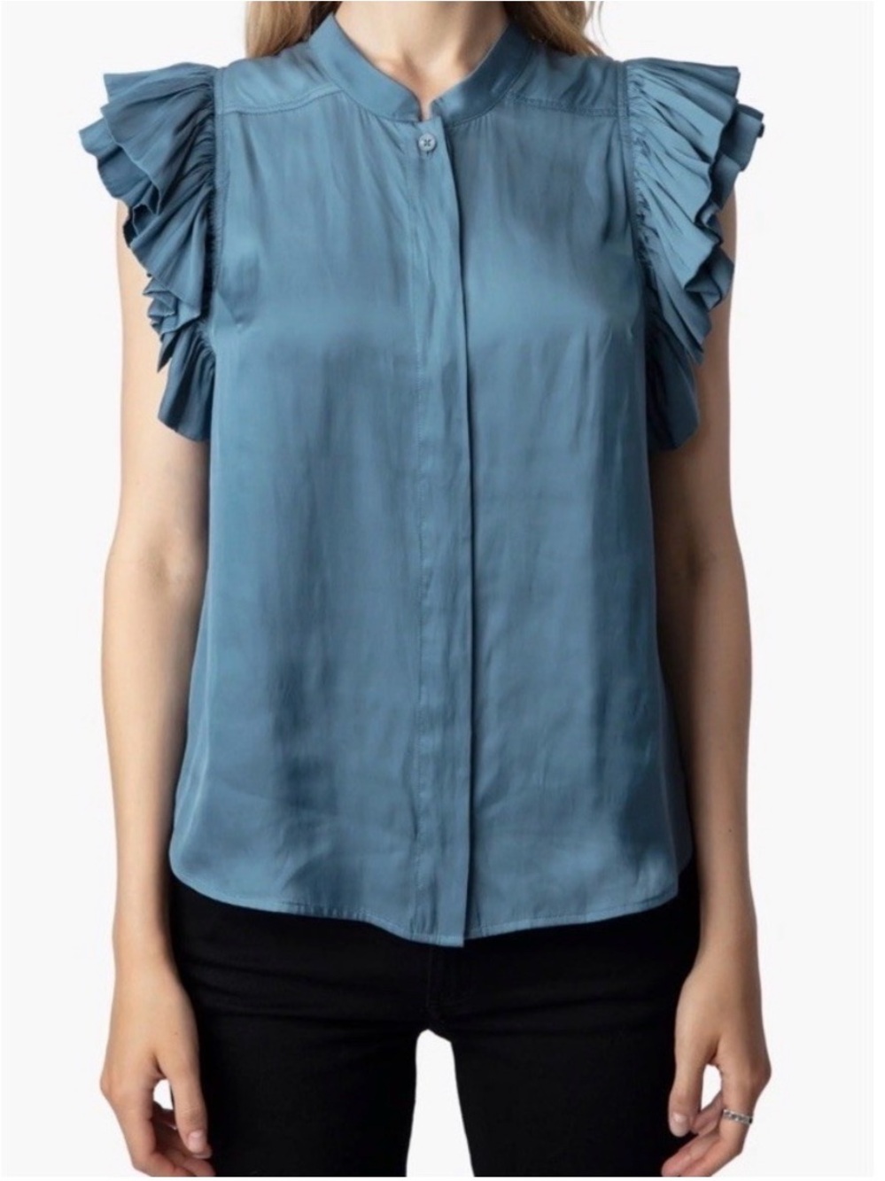 Zadig & Voltaire Tiza Ruffle Satin Button-Up Blouse Bluestone Women's Medium⁠
